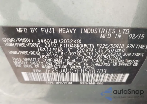 2015 Subaru Forester 2.5I Touring z USA, uszkodzony, nr VIN JF2SJAUC7FH588703